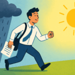 Cartoony image of job seeker moving from under a cloud towards sunny place