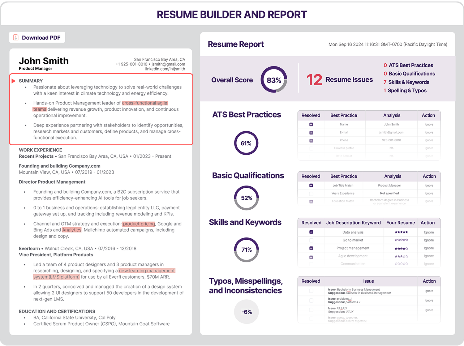 resume score report with highlighted resume summary